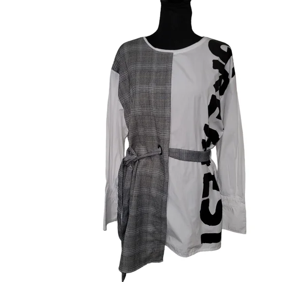 Zara Black and White Asymmetrical Long Sleeve Blouse - Picture 1 of 8